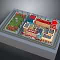 Cartoon Town Scene With Colorful Buildings Green Lawn Benches And Street