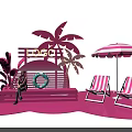 Pink Themed Beach Scene With LOGO Palm Trees Lifebuoy Umbrella And Deck Chairs