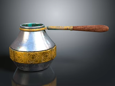 Copper Coffee Pot Design With Wooden Handle And Gold Decorative Patterns 3d model