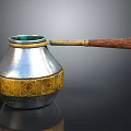 Copper Coffee Pot Design With Wooden Handle And Gold Decorative Patterns