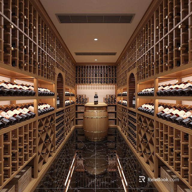 Spacious Luxury Wine Cellar Interior With Wooden Racks Barrel And Bottles 3d model 