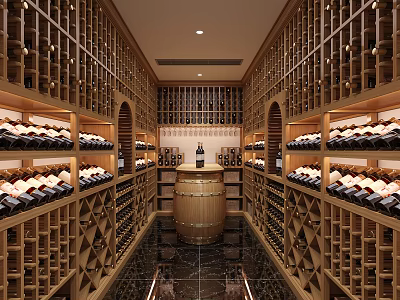 Spacious Luxury Wine Cellar Interior With Wooden Racks Barrel And Bottles 3d model