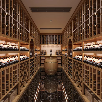 Spacious Luxury Wine Cellar Interior With Wooden Racks Barrel And Bottles 3d model