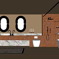 Contemporary Bathroom Featuring Double Oval Mirrors Marble Countertop Wall Mounted Toilet Bathtub And Patterned Rug