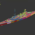 Detailed 3D Model of Battleship with Gray Superstructure Red Hull Turrets and Smokestack on Deck