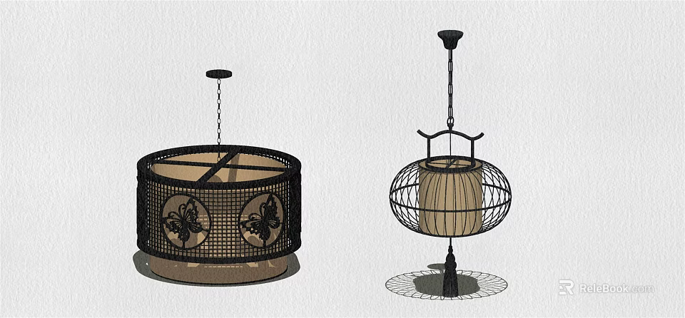 Traditional Oriental Chandeliers With Circular And Lantern Shapes Metal Frame Fabric Shade 3d model 