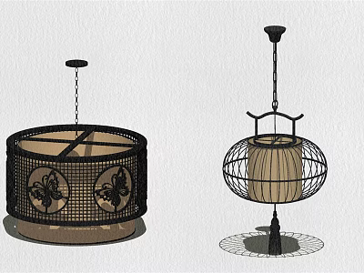 Traditional Oriental Chandeliers With Circular And Lantern Shapes Metal Frame Fabric Shade 3d model