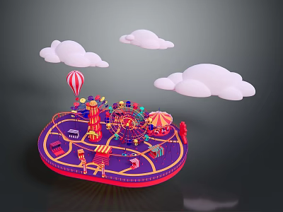 Vibrant Miniature Amusement Park Model With Ferris Wheel Carousel And Hot Air Balloon 3d model