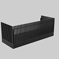 Modern Black Metal Fence With Vertical Slats And Decorative Design Structure