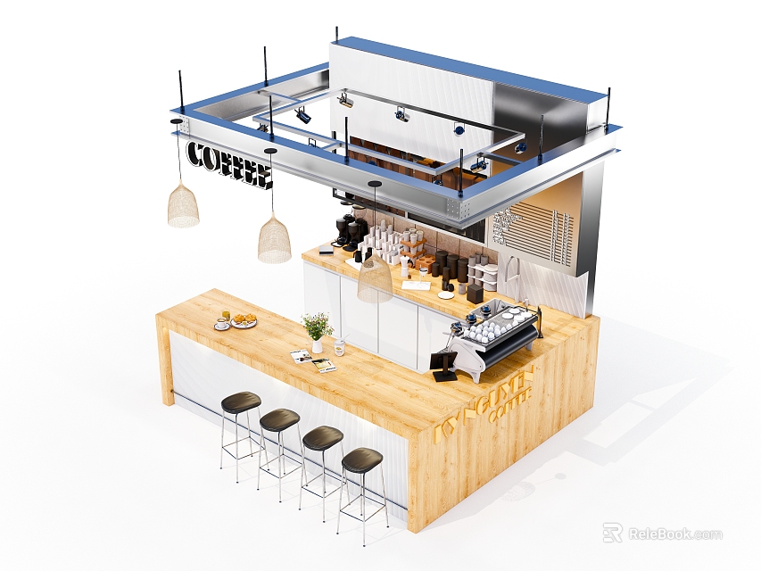 Modern Café Interior Design With Wooden Bar Counter Coffee Machine And Bar Stools 3d model 