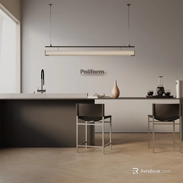Modern Poliform Dining Table Set With Hanging Lamp Counter And Two Chairs 3d model 