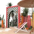 Tropical Desert Outdoor Scene With Cactus Arched Door Palm Trees Striped Chair And Straw Umbrella