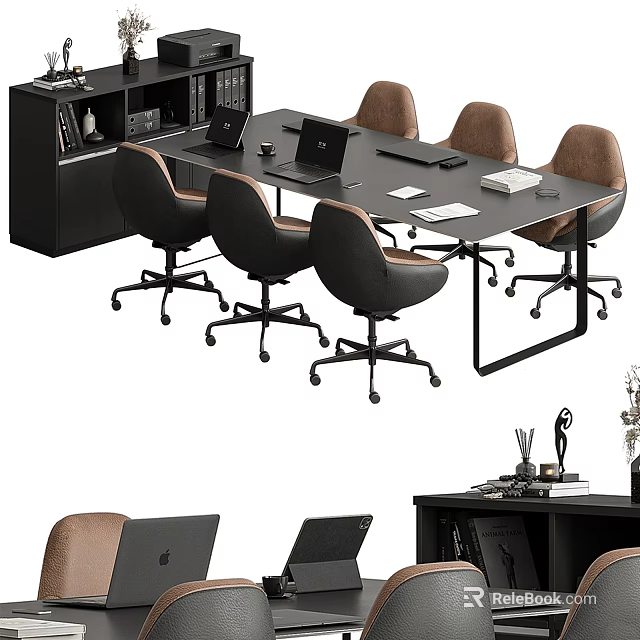 Modern Office Desk With Six Ergonomic Chairs Laptop Papers And Black Bookshelf 3d model 