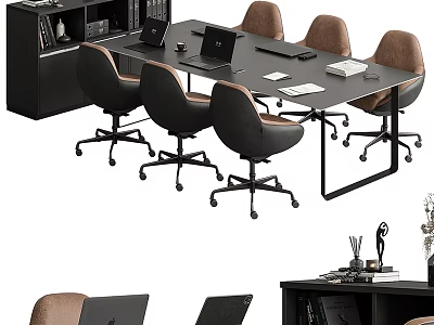 Modern Office Desk With Six Ergonomic Chairs Laptop Papers And Black Bookshelf 3d model