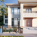 Two Story Single Family House With Dark Roof Light Exterior Front Steps And Trees