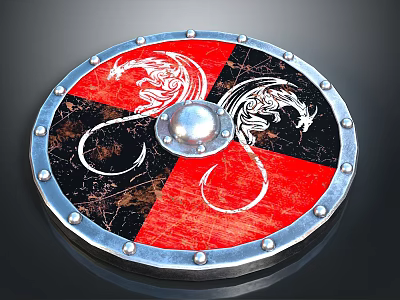 Red And Black Medieval Shield With Silver Rivets And White Dragon Designs 3d model