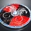 Red And Black Medieval Shield With Silver Rivets And White Dragon Designs