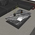 Modern Marble Top Coffee Table In Living Room With Black Leather Sofa And Decorative Accents