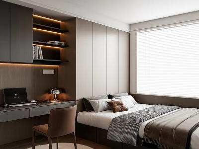 Modern Tatami Bedroom Interior With Desk Bookshelf Window Blinds And Cozy Lighting 3d model
