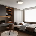 Modern Tatami Bedroom Interior With Desk Bookshelf Window Blinds And Cozy Lighting