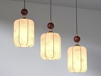 Traditional Style Pendant Lights With Wooden Beads And Floral Square Lampshades 3d model