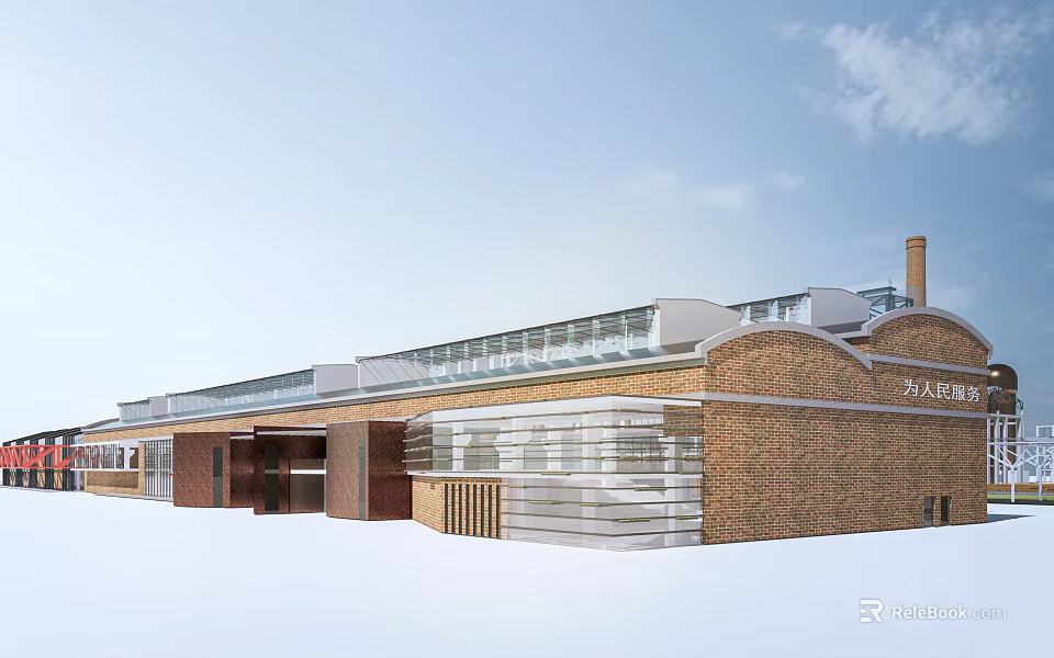 Modern Industrial Park With Red Brick Structure And Glass Curtain Wall Design 3d model 