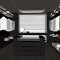 Modern Walk in Closet Interior Design With Hanging Clothes Island Drawers Blinds And Wooden Floors