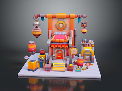 Cartoon style Miniature Landscape With Colorful Buildings Red Roofs Orange Decorations And Hanging Lanterns 3d model