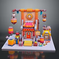 Cartoon style Miniature Landscape With Colorful Buildings Red Roofs Orange Decorations And Hanging Lanterns