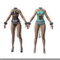 Women In Black And Blue Bodysuits With Fishnet Stockings High Heels And Wrist Cuffs