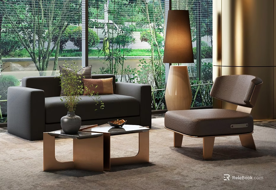 Hotel Public Lounge With Gray Sofa Armchair Coffee Table Floor Lamp Green Plants Natural View 3d model 