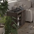 Wooden Side Table With Storage Shelves Teapot And Cups Near Sofa In Living Room