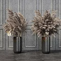 Black Vase With Brown Reed Flowers On Gray Paneled Wall Background