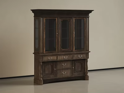 Classic Wooden Display Cabinet With Glass Doors And Drawers For Storage 3d model
