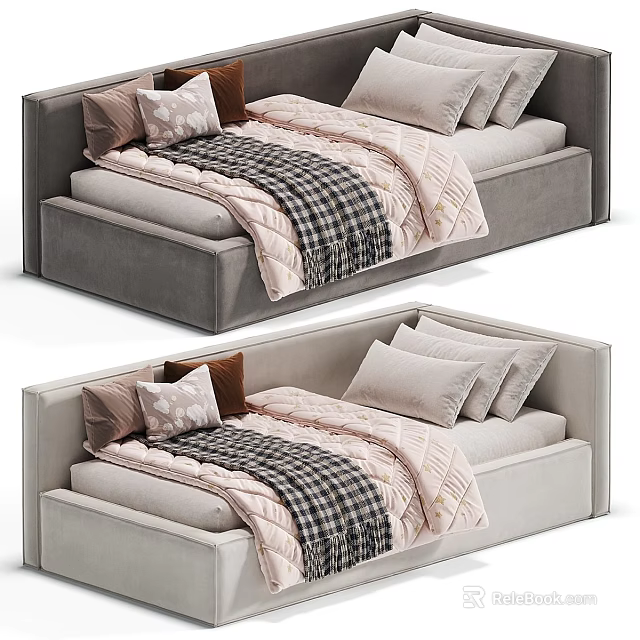 Modern Comfortable Upholstered Sofa Bed With Light Gray Plush Pillows And Cozy Blanket 3d model