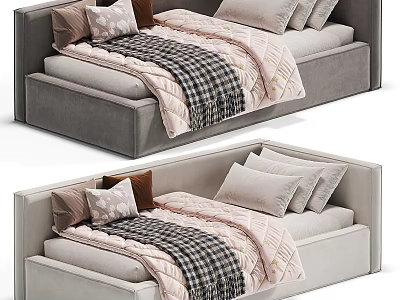 Modern Comfortable Upholstered Sofa Bed With Light Gray Plush Pillows And Cozy Blanket 3d model
