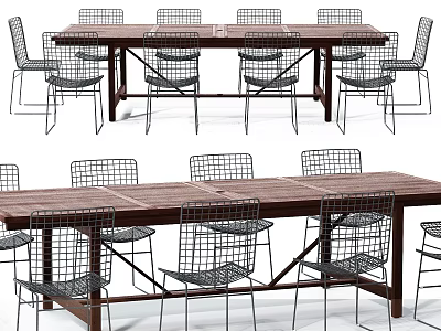 Modern Wooden Dining Table Set With Wire Mesh Back Chairs And Metal Frames 3d model