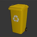 Yellow Recycling Trash Bin With White Recycle Symbol And Wheels