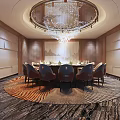 Luxurious Private Dining Room With Round Table Chandelier Wooden Walls And Patterned Carpet