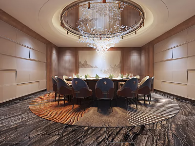 Luxurious Private Dining Room With Round Table Chandelier Wooden Walls And Patterned Carpet 3d model