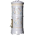 Decorative White Ceramic Fireplace with Intricate Floral Ornaments and Flames
