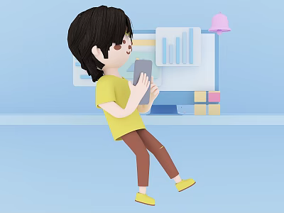 Cartoon Game Movie Character Holding Smartphone in Yellow Shirt with Chart Board Pink Bell Blocks 3d model
