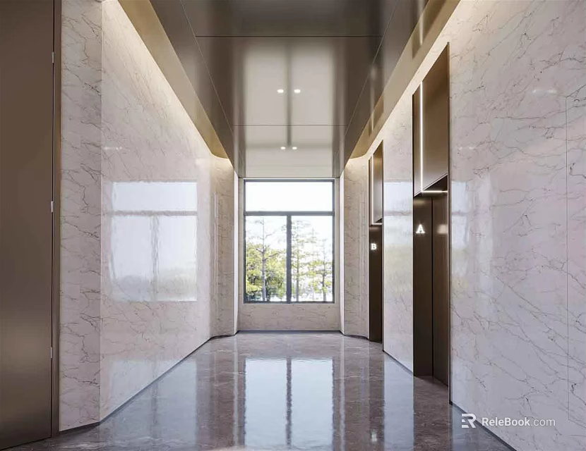 Modern Elevator Hallway With Marble Walls Shiny Reflective Floor Elevator Doors And End Window 3d model