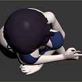 Anime Female Character With Purple Hair In Blue Swimsuit Standing On Gray Background