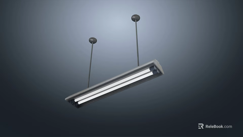 Modern Long Strip Pendant Light With LED Tubes Hanging In Dark Setting 3d model