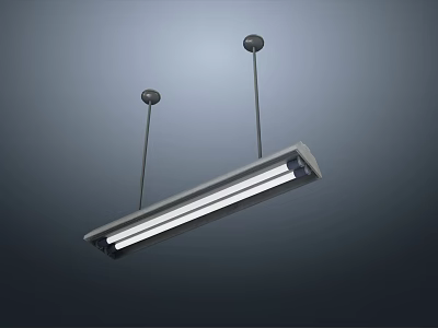 Modern Long Strip Pendant Light With LED Tubes Hanging In Dark Setting 3d model