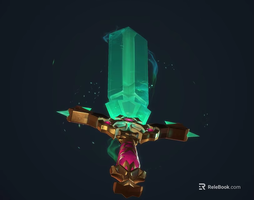 Green Crystal Sword With Transparent Blade And Gold Pink Hilt Decorations In Fantasy Style 3d model 