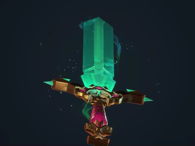 Green Crystal Sword With Transparent Blade And Gold Pink Hilt Decorations In Fantasy Style 3d model