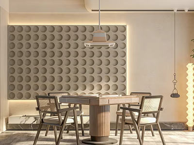 Modern Hotel Mahjong Room Interior With Circular Pattern Wall Wooden Table And Pendant Lights 3d model