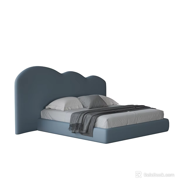 Blue Kids Bed With Cloud Shaped Headboard And Soft Pillows Cozy Blanket 3d model 
